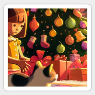 Little Girl and Cat at Christmas Sticker